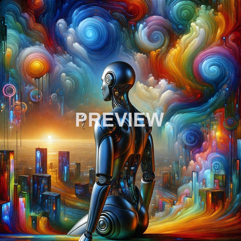 A futuristic humanoid robot with a sleek metallic body sits on the ground, gazing at a colorful, swirling sky filled with abstract clouds and floating city-like structures, with a small human figure floating in the distance near the horizon.